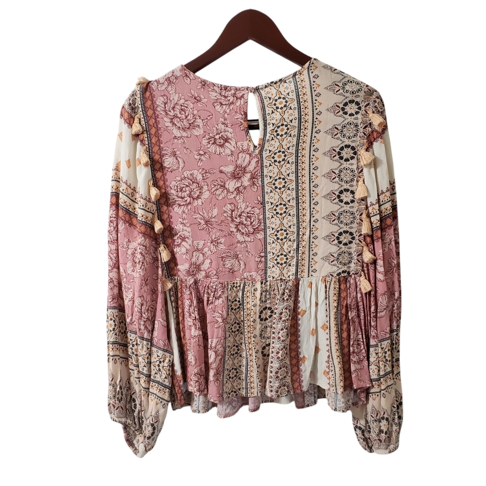 SOLD-American Eagle Pink Patchwork Peasant Top Boho Embroidered Tassel Flare M - Picture 6 of 16
